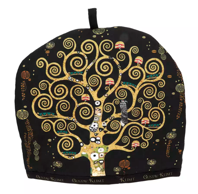 Ocieplacz na dzbanek z motywem Drzewa Życia Klimta w złocistej kolorystyce, widok od frontu.