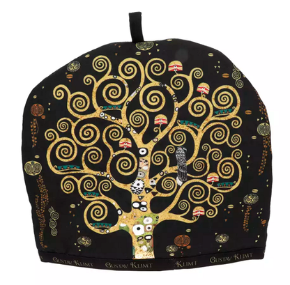 Ocieplacz na dzbanek z motywem Drzewa Życia Klimta w złocistej kolorystyce, widok od frontu.