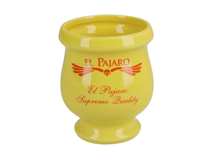 Żółte matero ceramiczne El Pajaro z czerwonym nadrukiem – widok z przodu.