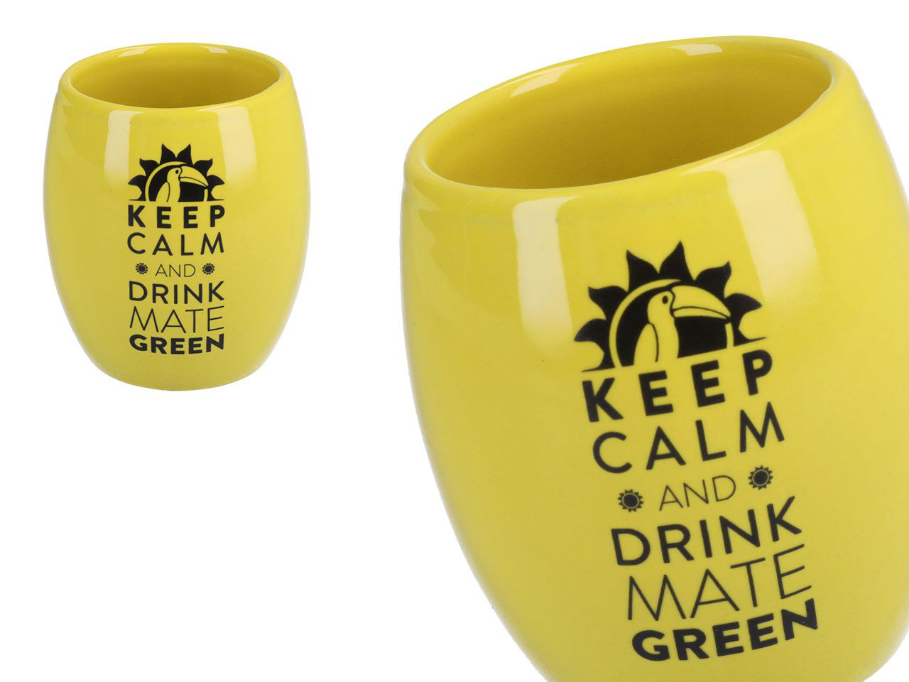 Ceramiczne matero w kolorze żółtym z napisem Keep Calm and Drink Mate Green – widok z boku.