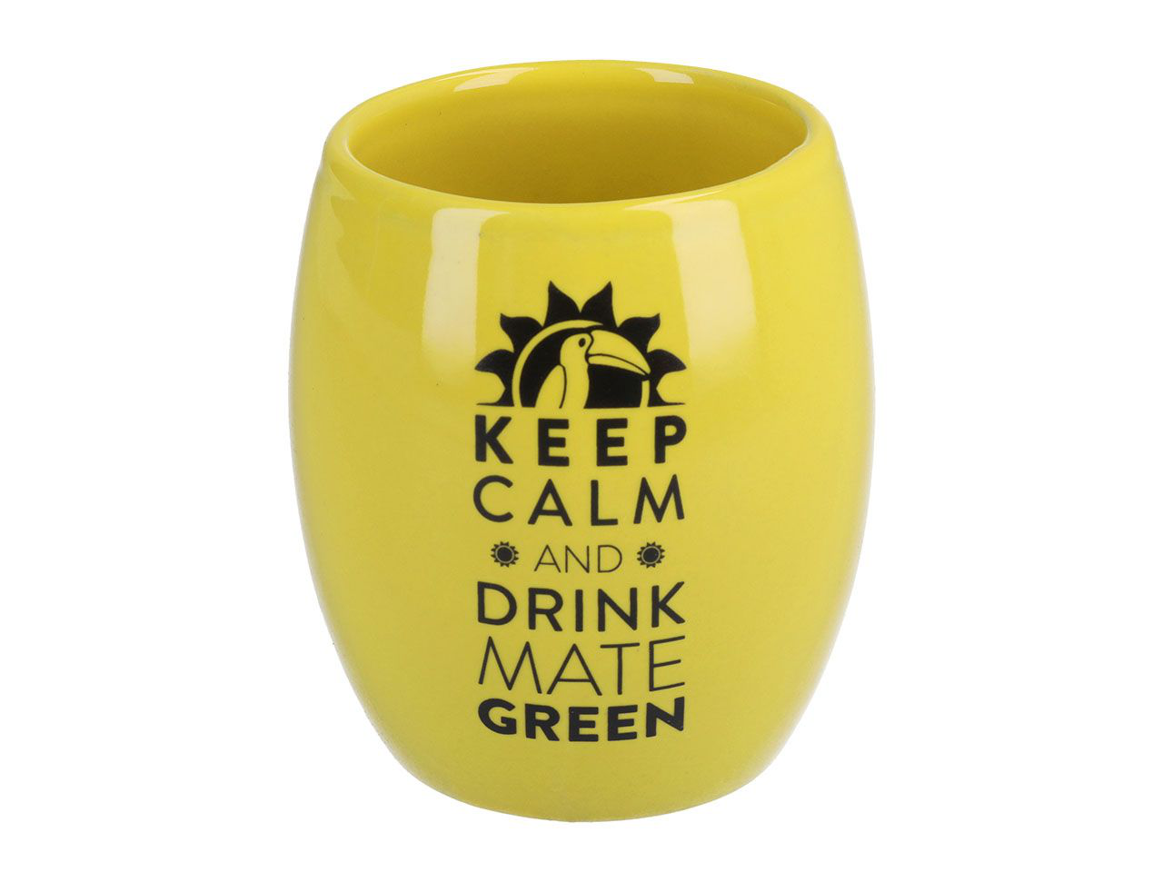 Żółte matero ceramiczne z czarnym napisem Keep Calm and Drink Mate Green – widok z przodu.