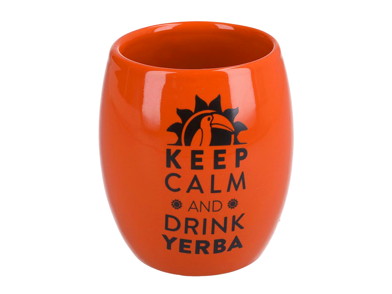 Pomarańczowe matero ceramiczne z czarnym napisem Keep Calm and Drink Yerba – widok z przodu.