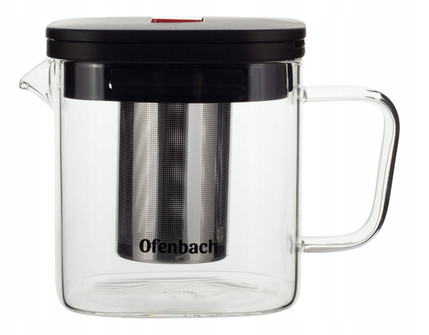 Szklany dzbanek 1000 ml z metalowym zaparzaczem i czarną pokrywką, widok z boku.