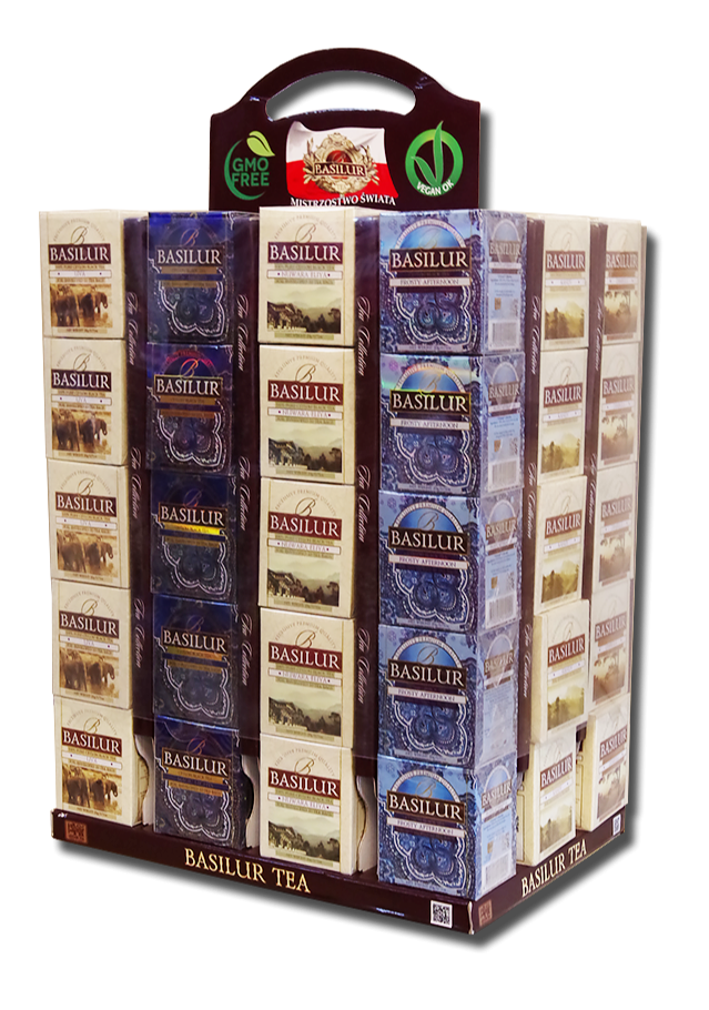 Zestaw herbat Basilur w stojaku ekspozycyjnym z uchwytem, 8 smaków, 400 saszetek