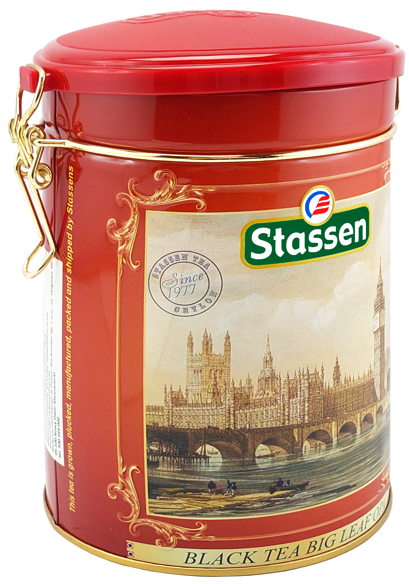 Puszka herbaty Stassen Big Leaf OPA widziana z lewej strony, ozdobiona złotymi detalami.