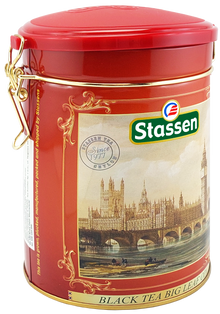 Puszka herbaty Stassen Big Leaf OPA widziana z lewej strony, ozdobiona złotymi detalami.