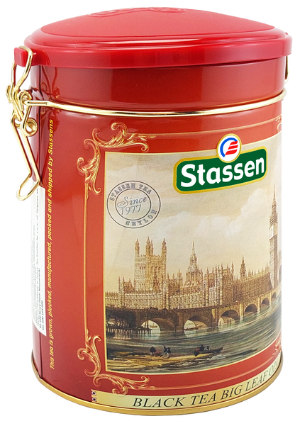 Puszka herbaty Stassen Big Leaf OPA widziana z lewej strony, ozdobiona złotymi detalami.