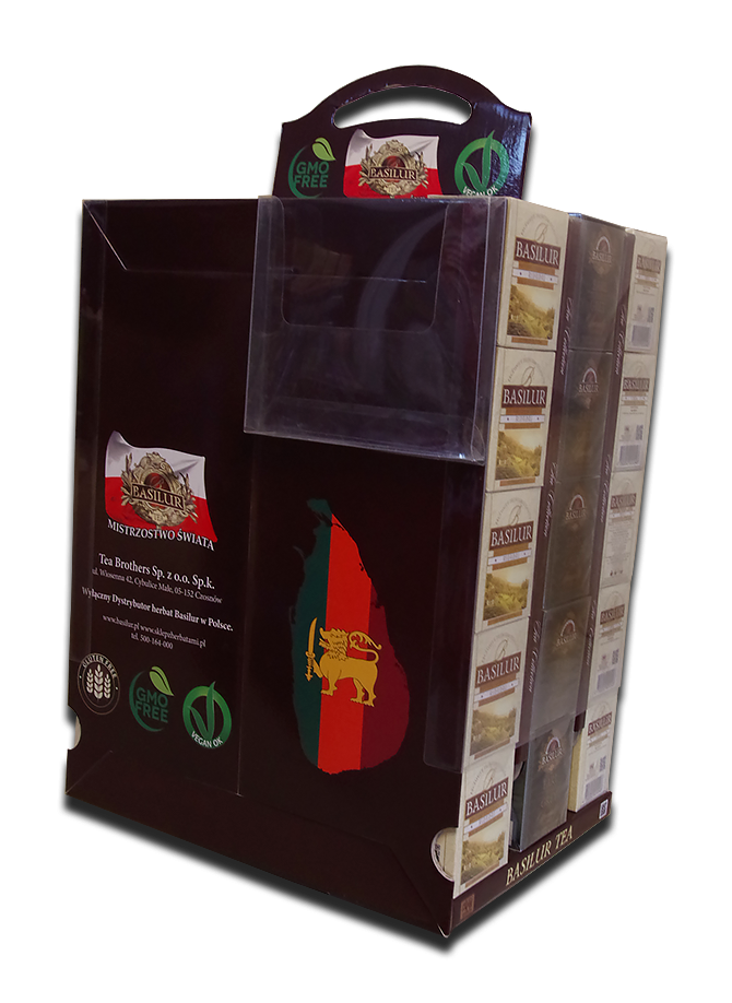 Widok z boku na stand Basilur Tea z logo i certyfikatami GMO Free oraz Vegan OK