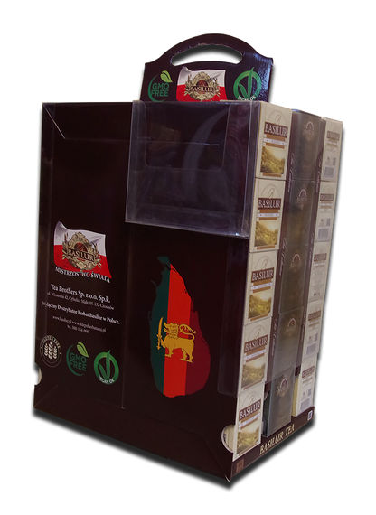 Widok z boku na stand Basilur Tea z logo i certyfikatami GMO Free oraz Vegan OK