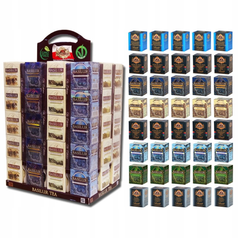Zbliżenie na zestaw herbat Basilur w ozdobnych pudełkach