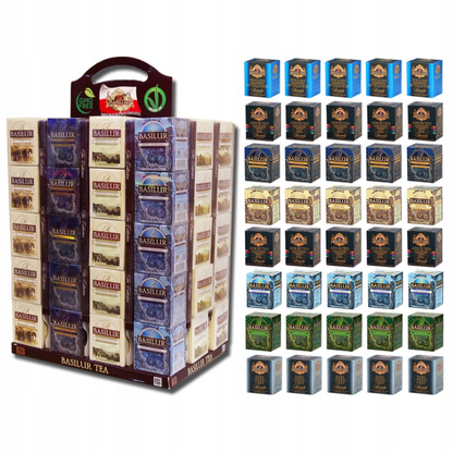 Zbliżenie na zestaw herbat Basilur w ozdobnych pudełkach