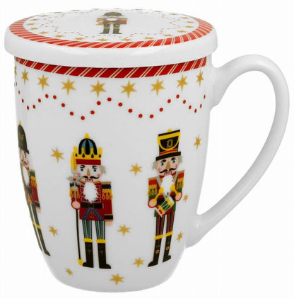 Kubek porcelanowy Christmas Nutcracker 360 ml z pokrywką, idealny na herbatę i świąteczny prezent.