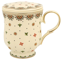 Kubek porcelanowy Casablanca 450 ml z pokrywką i złotym uchwytem.