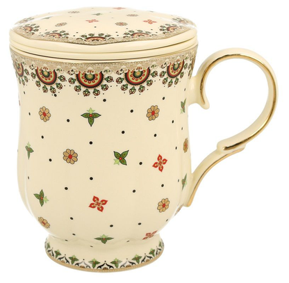 Kubek porcelanowy Casablanca 450 ml z pokrywką i złotym uchwytem.