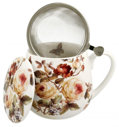 Kubek porcelanowy Zahra 430 ml z metalowym zaparzaczem i pokrywką