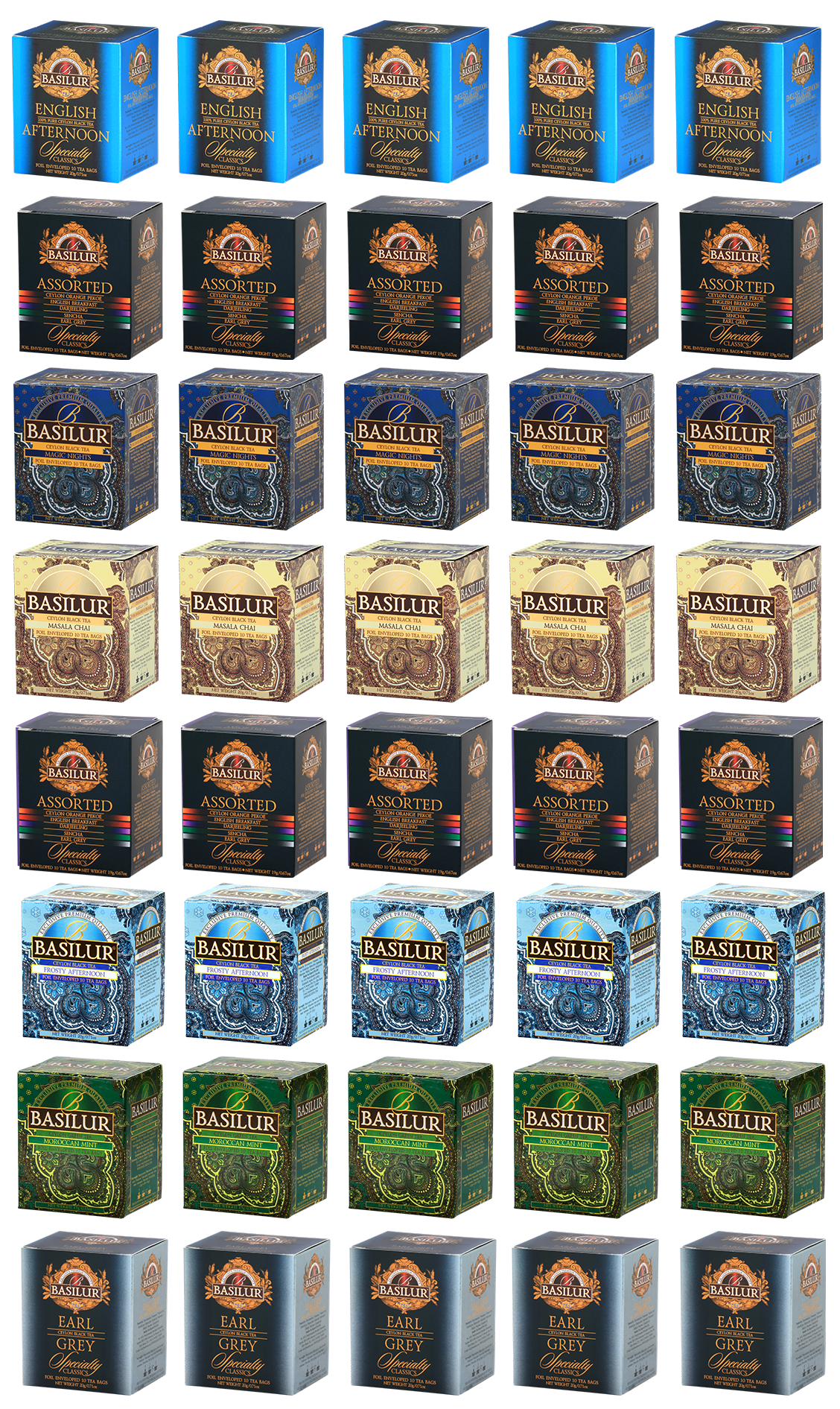 Komplet herbat Basilur – 8 różnych smaków w kolorowych opakowaniach