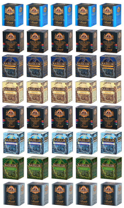 Komplet herbat Basilur – 8 różnych smaków w kolorowych opakowaniach