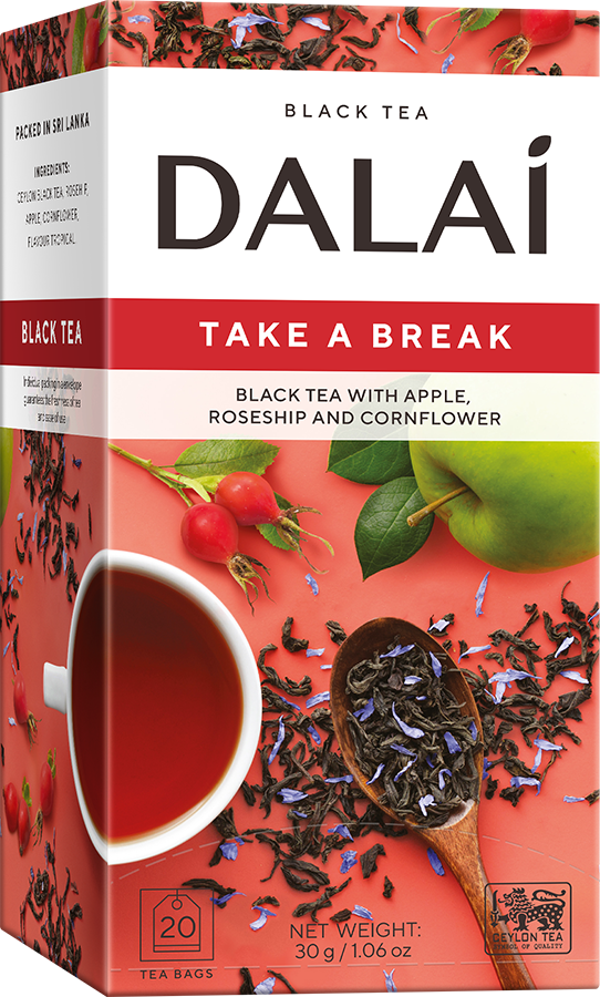 Opakowanie herbaty Dalai Take a Break z czarną herbatą, jabłkiem, dziką różą i płatkami chabru
