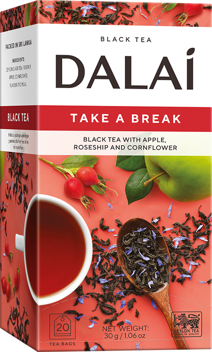 Opakowanie herbaty Dalai Take a Break z czarną herbatą, jabłkiem, dziką różą i płatkami chabru