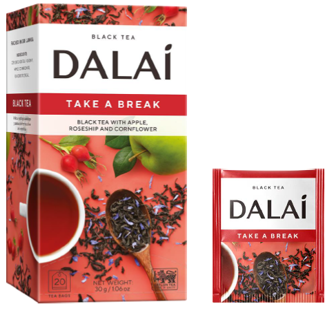 Saszetka Dalai Take a Break z czarną herbatą i dodatkami owocowo-kwiatowymi na kolorowym tle