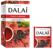 Saszetka Dalai Take a Break z czarną herbatą i dodatkami owocowo-kwiatowymi na kolorowym tle