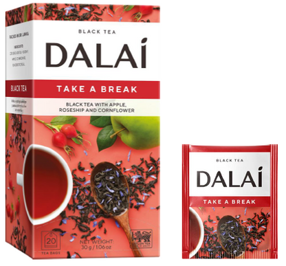 Saszetka Dalai Take a Break z czarną herbatą i dodatkami owocowo-kwiatowymi na kolorowym tle