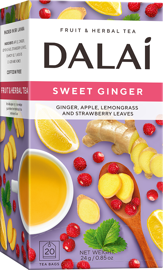 Herbata Dalai Sweet Ginger w pudełku z imbirem, jabłkiem i malinami na fioletowym tle.