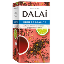 Herbata czarna Dalai Rich Bergamot w kopertach z bergamotką i skórką pomarańczy, opakowanie 20 torebek.