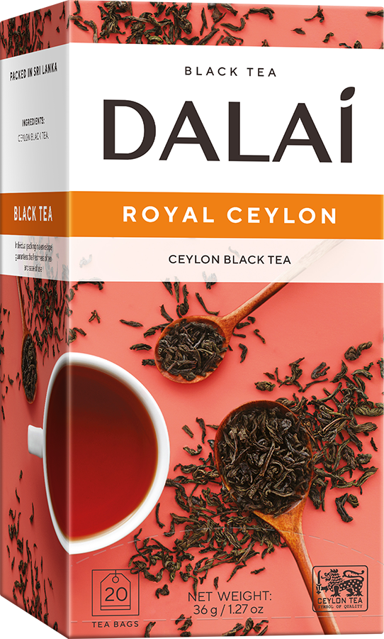 Opakowanie herbaty Dalai Royal Ceylon z filiżanką czarnej herbaty i saszetką, cejlońska herbata w kopertach