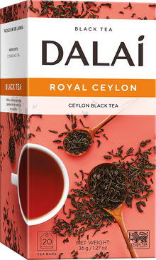 Opakowanie herbaty Dalai Royal Ceylon z filiżanką czarnej herbaty i saszetką, cejlońska herbata w kopertach