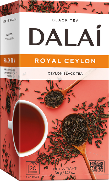 Opakowanie herbaty Dalai Royal Ceylon z filiżanką czarnej herbaty i saszetką, cejlońska herbata w kopertach