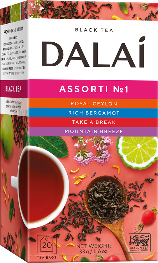 Opakowanie Dalai Assorti No 1 z widocznymi wariantami Royal Ceylon, Rich Bergamot, Take A Break i Mountain Breeze
