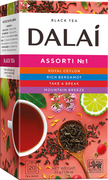 Opakowanie Dalai Assorti No 1 z widocznymi wariantami Royal Ceylon, Rich Bergamot, Take A Break i Mountain Breeze