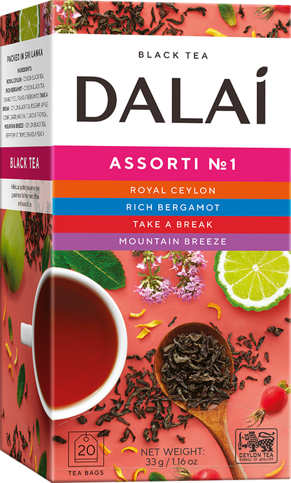 Opakowanie Dalai Assorti No 1 z widocznymi wariantami Royal Ceylon, Rich Bergamot, Take A Break i Mountain Breeze