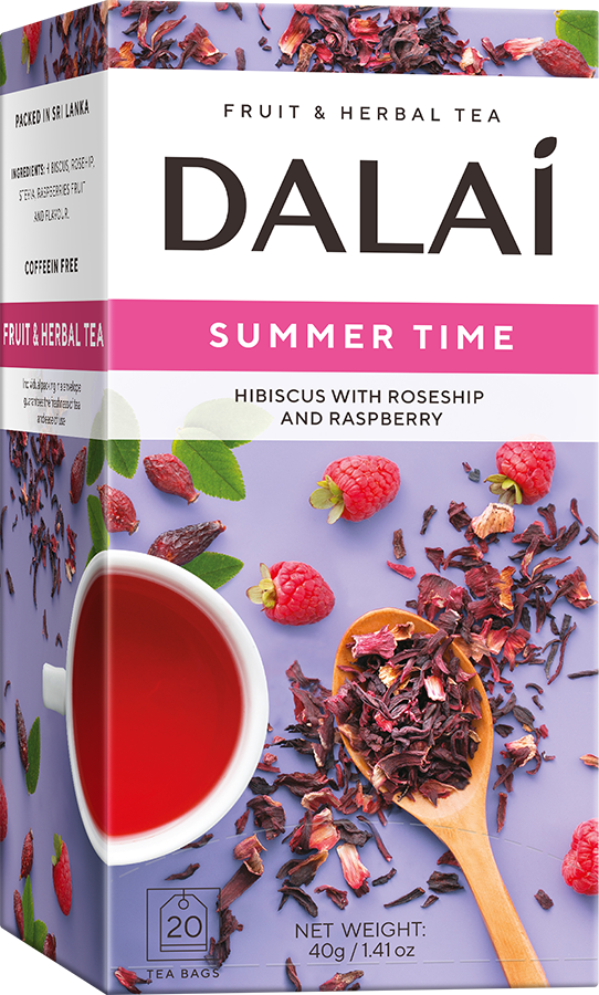 Owocowa herbata Dalai Summer Time w pudełku z malinami i hibiskusem na opakowaniu.
