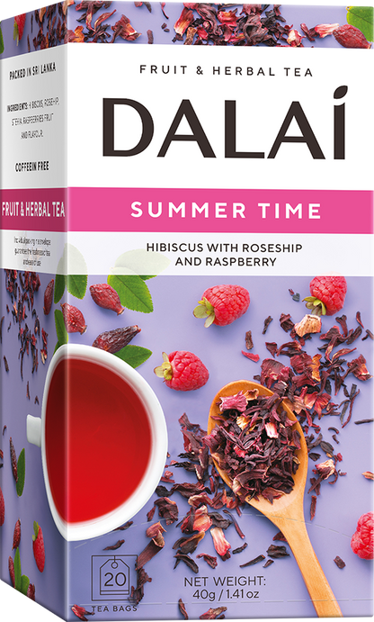 Owocowa herbata Dalai Summer Time w pudełku z malinami i hibiskusem na opakowaniu.