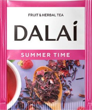 Saszetka herbaty Dalai Summer Time z malinami i suszem hibiskusa.