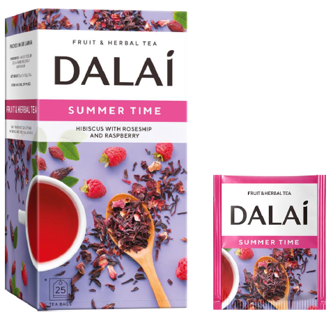 Opakowanie i koperta herbaty Dalai Summer Time z malinami i kwiatami hibiskusa.