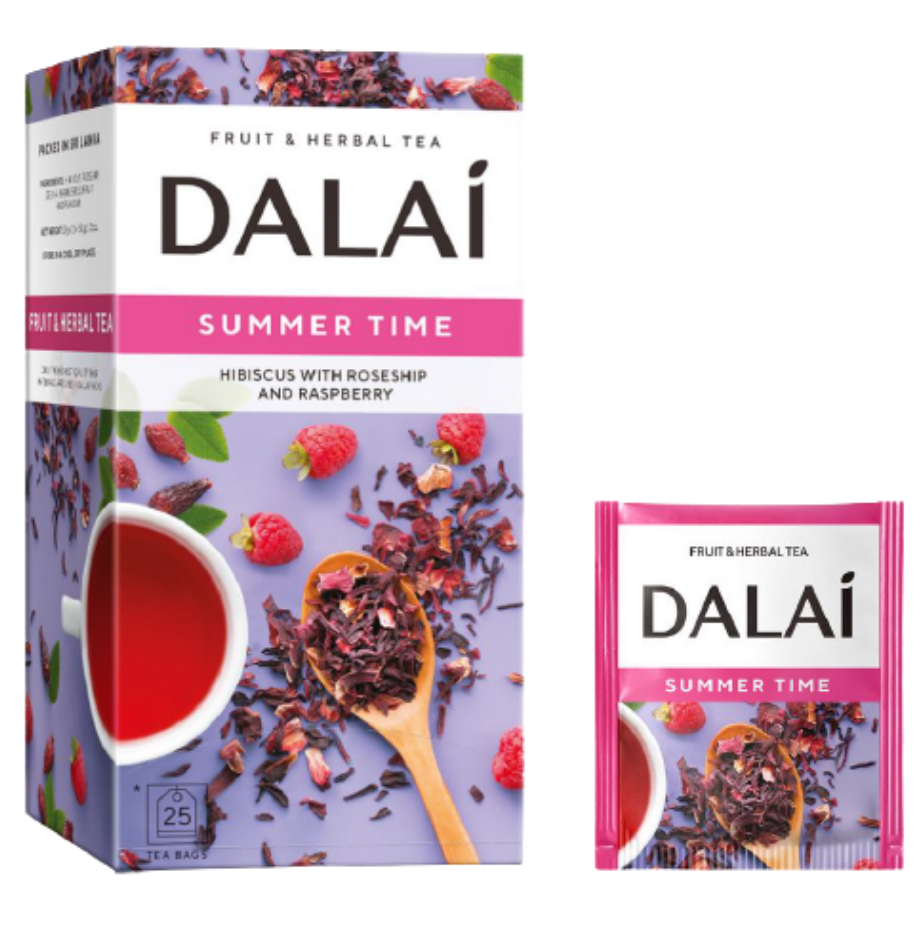 Opakowanie i koperta herbaty Dalai Summer Time z malinami i kwiatami hibiskusa.