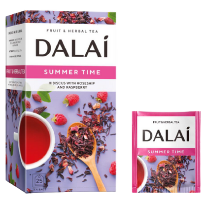 Opakowanie i koperta herbaty Dalai Summer Time z malinami i kwiatami hibiskusa.