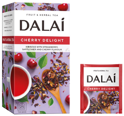 Zestaw Dalai Cherry Delight: pudełko i saszetka herbaty o wiśniowym aromacie