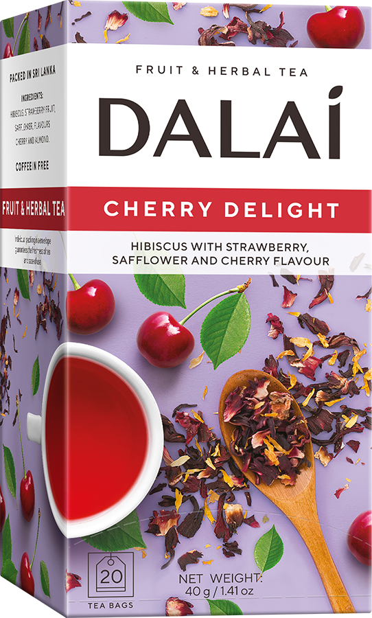 Opakowanie Dalai Cherry Delight z hibiskusem, wiśniami oraz filiżanką czerwonego naparu