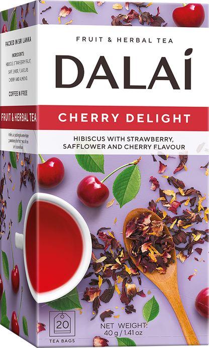 Opakowanie Dalai Cherry Delight z hibiskusem, wiśniami oraz filiżanką czerwonego naparu