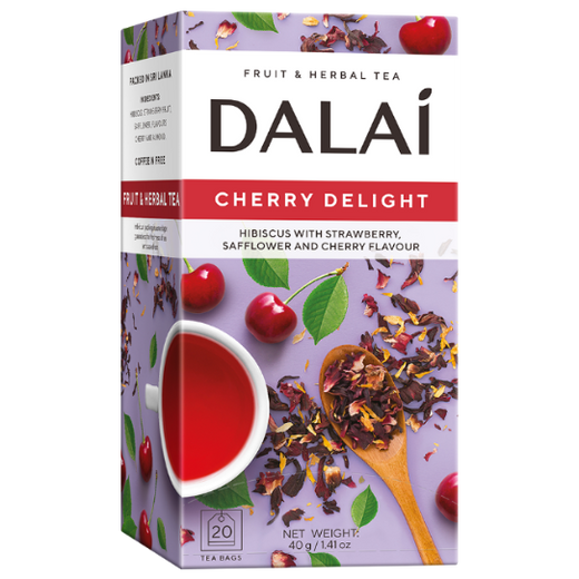 Opakowanie Dalai Cherry Delight z hibiskusem, wiśniami oraz filiżanką czerwonego naparu