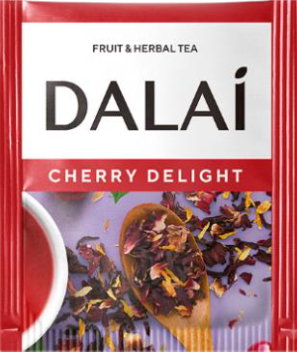 Saszetka Dalai Cherry Delight z owocowo-ziołową mieszanką na kolorowym tle