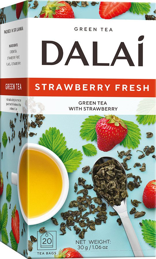 Opakowanie herbaty Dalai Strawberry Fresh z zieloną herbatą, truskawkami i filiżanką jasnego naparu