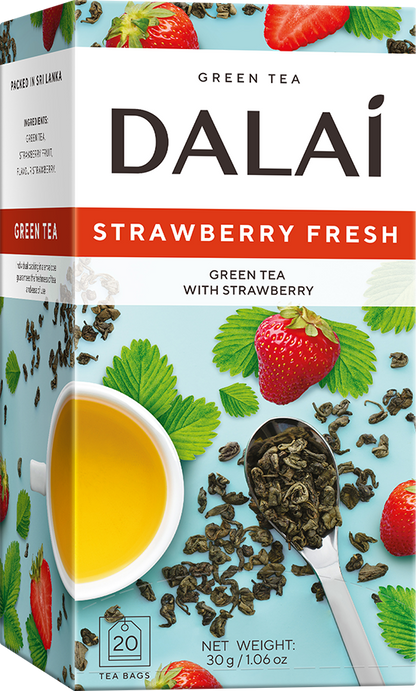 Opakowanie herbaty Dalai Strawberry Fresh z zieloną herbatą, truskawkami i filiżanką jasnego naparu
