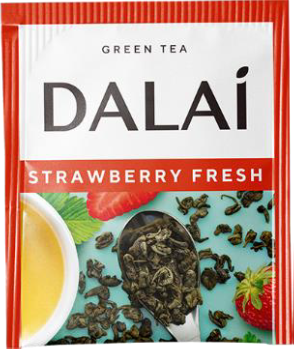 Saszetka Dalai Strawberry Fresh z zieloną herbatą i truskawkami na kolorowym tle