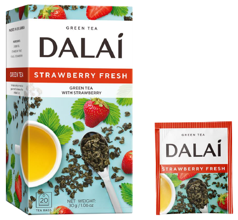 Zestaw Dalai Strawberry Fresh: pudełko i saszetka zielonej herbaty o truskawkowym aromacie