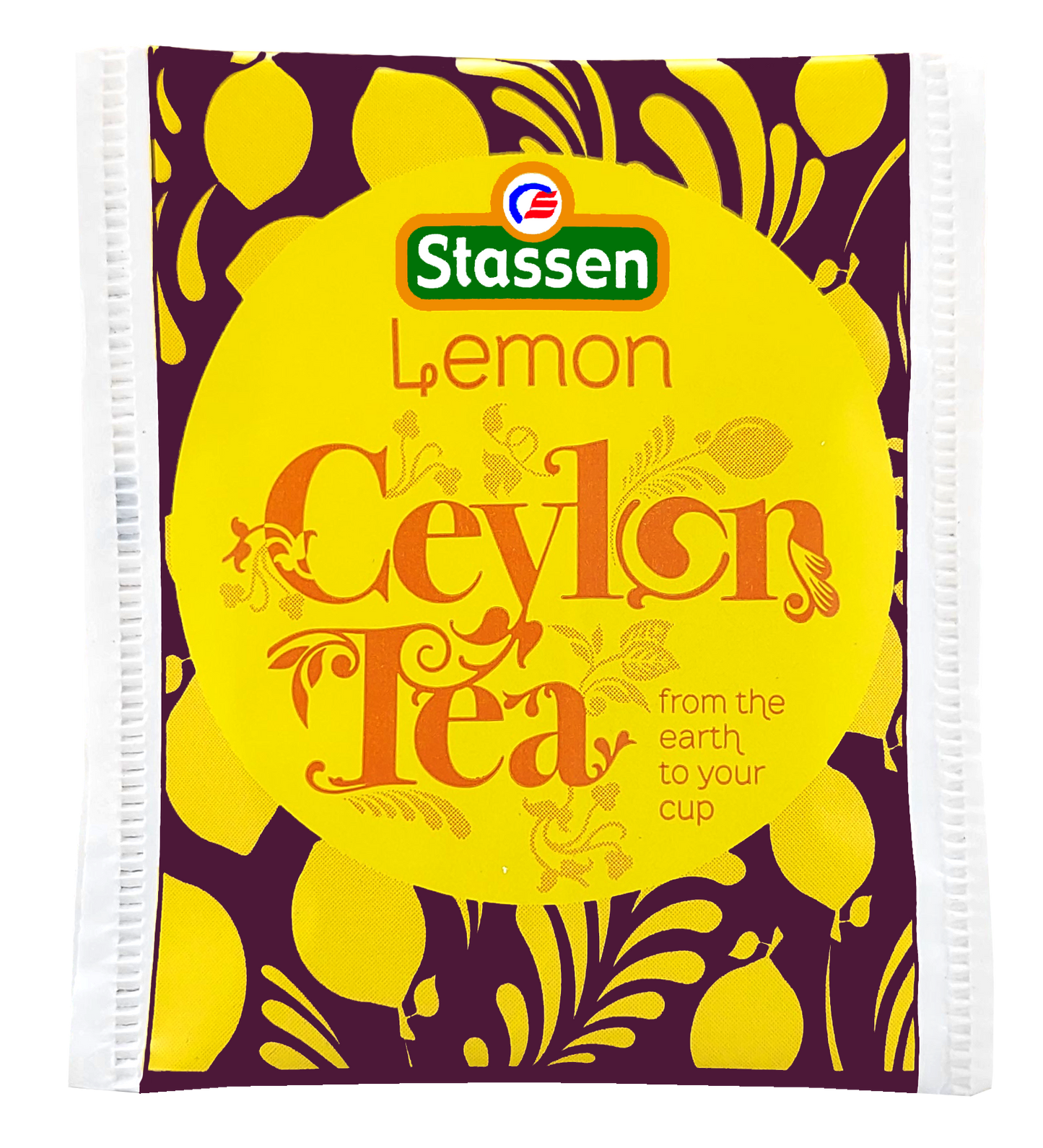 Saszetka herbaty Stassen Lemon Tea w kolorach żółto-fioletowych.
